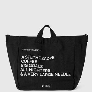 FIGS Black Canvas tote Bag with White Text